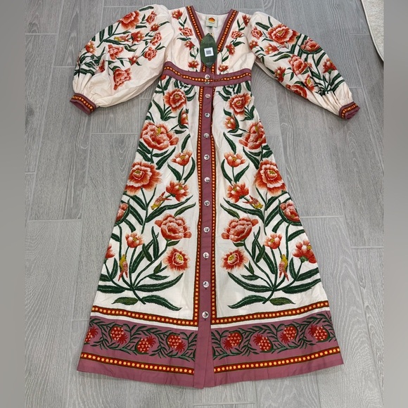 FARM RIO Ainika Delicate Puff Sleeve Floral Bird Maxi Dress Size XS NWT (FLAWED) - Picture 7 of 14